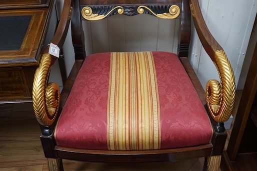 A pair of Regency design parcel gilt mahogany elbow chairs, width 59cm, depth 53cm, height 102cm
